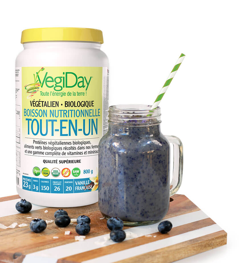 Boisson nutritive tout-en-un végétalienne et biologique VegiDay avec smoothie aux bleuets