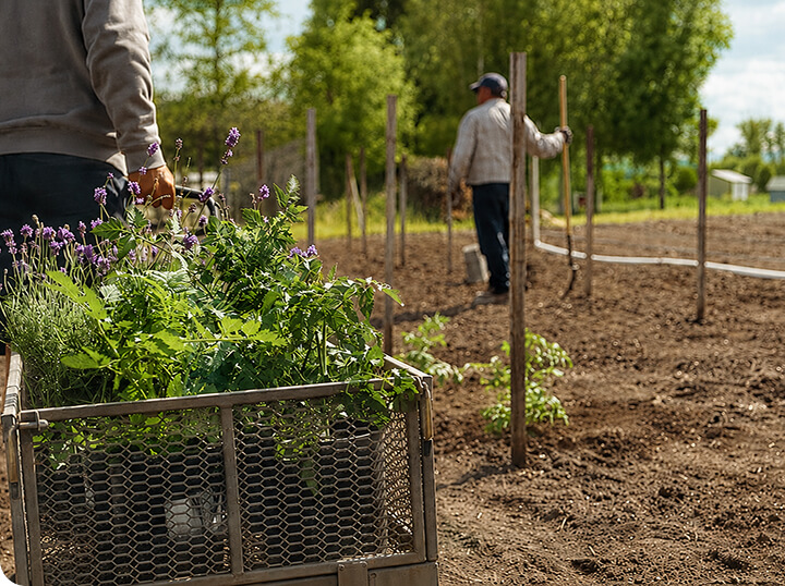VegetableGarden-GettyImages-155292448-recolour-tinify Des ouvriers agricoles plantent des plantes médicinales et des légumes frais dans un champ cultivé.