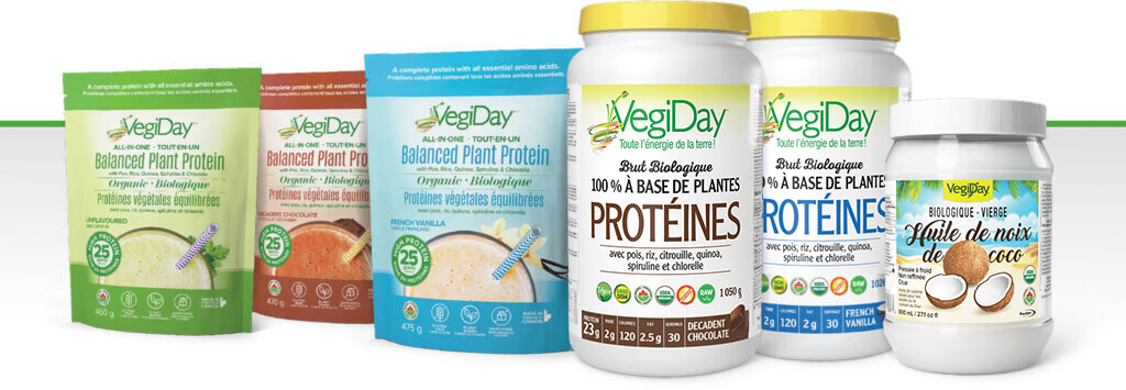Poudres de protéines végétales équilibrées VegiDay et produits à base d'huile de noix de coco biologique