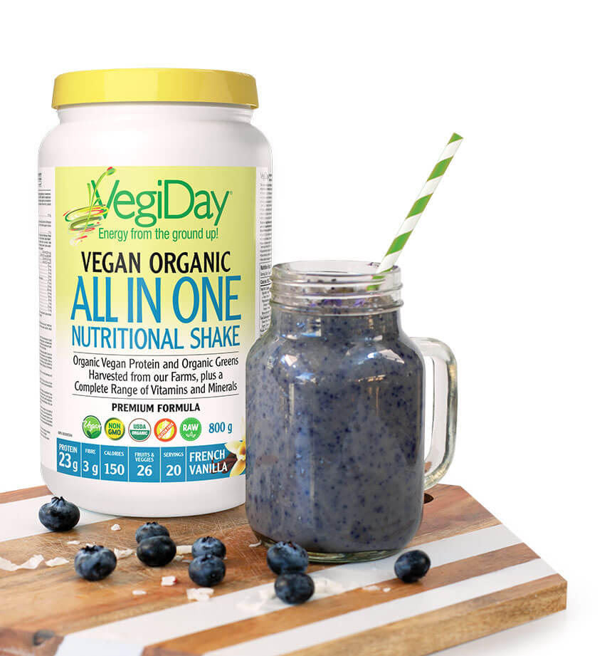 VegiDay vegan organic All in One Nutritional Shake with blueberry smoothie