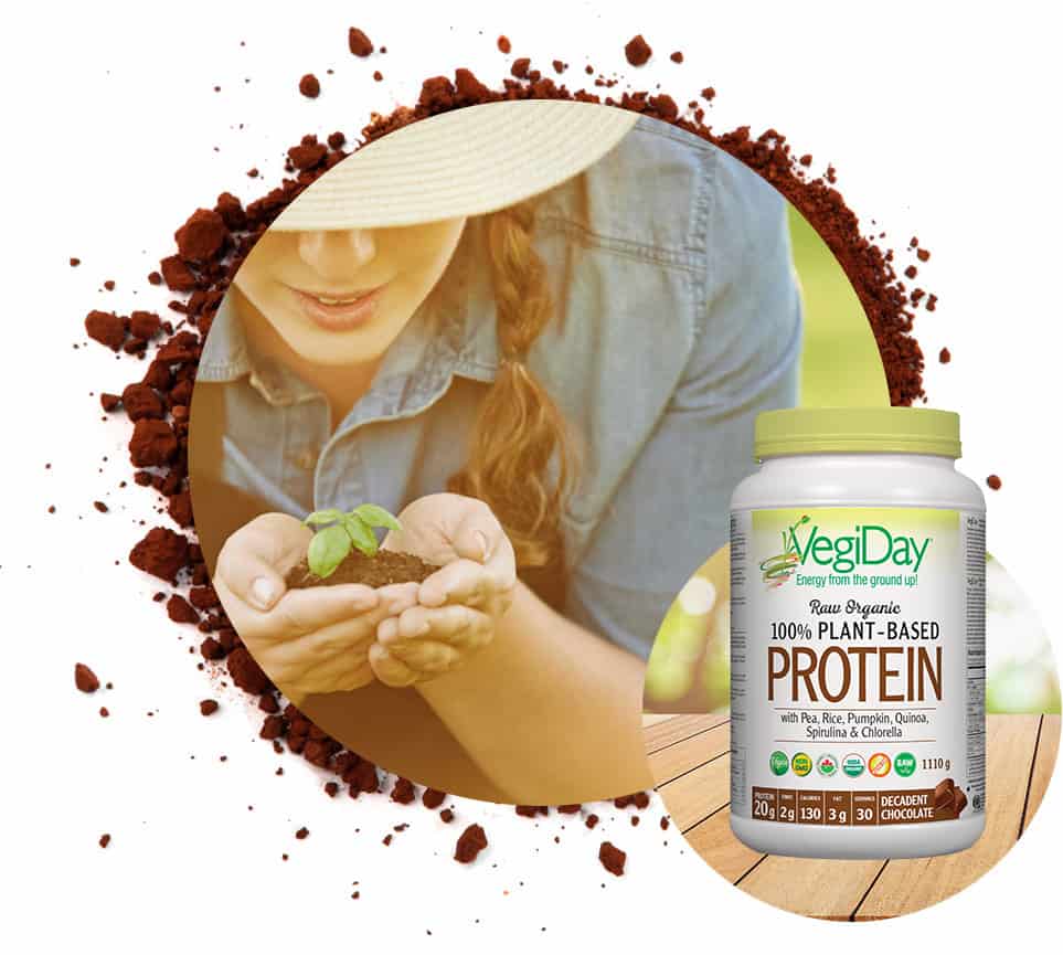 VegiDay plant-based protein with a gardener holding a young seedling