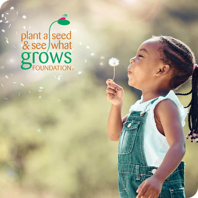 plant-a-seed-tinify Child blowing dandelion seeds with Plant a Seed & See What Grows Foundation logo